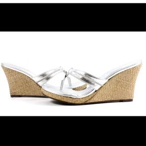 Lilly Pulitzer McKim metallic silver sandals with straw wrapped wedge heel 8.5